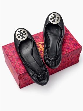 Tory Burch Black Leather Logo Round-Toe Ballet Flats